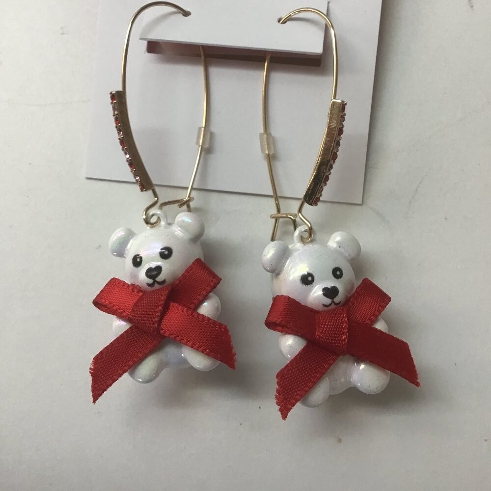Betsey Johnson New White Bear with Red Bow Earrings